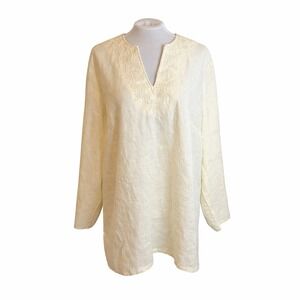Lands End Ivory Linen Beaded Embroidered Tunic Top Relaxed Coastal Ethereal 2X